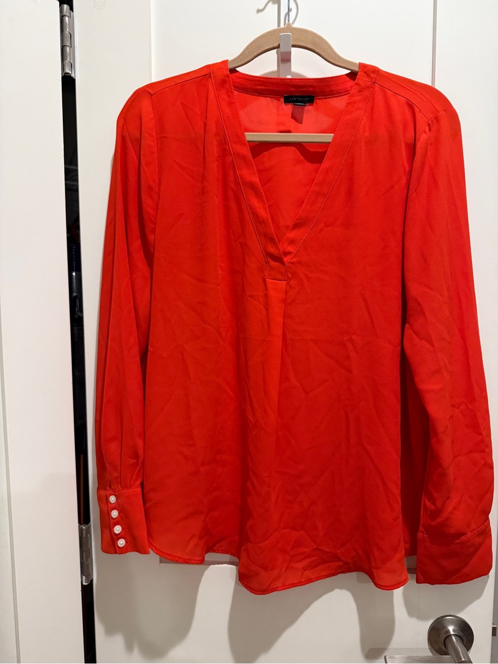 Ann Taylor Bright Red V-Neck Long Sleeve Blouse